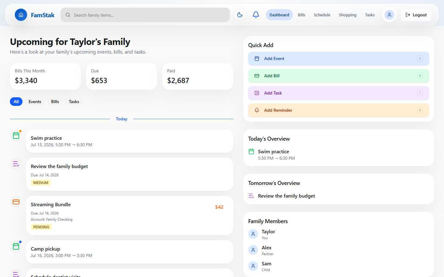 FamStak dashboard showing the household timeline and calendar