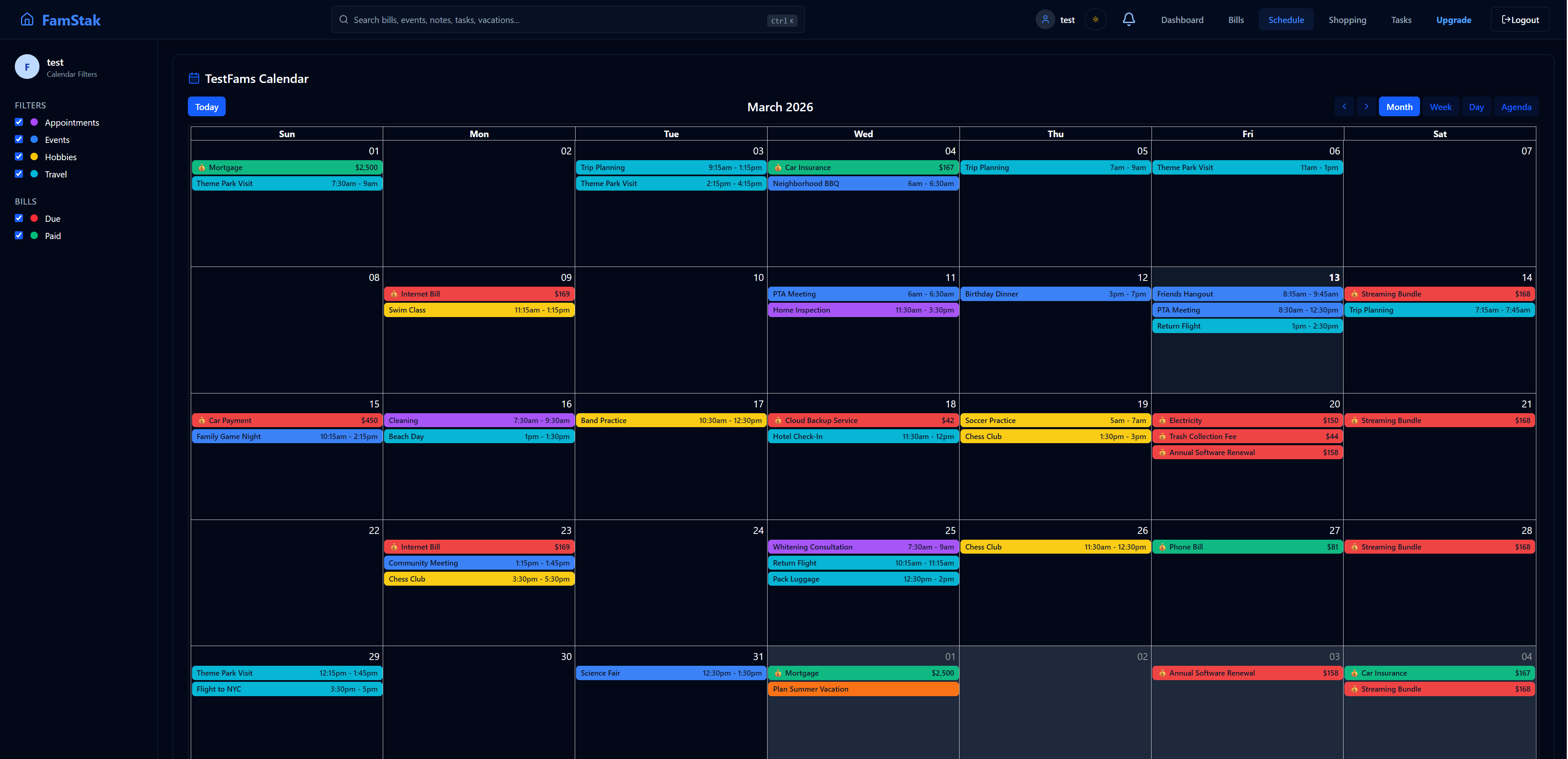FamStak family schedule showing household events and planning details