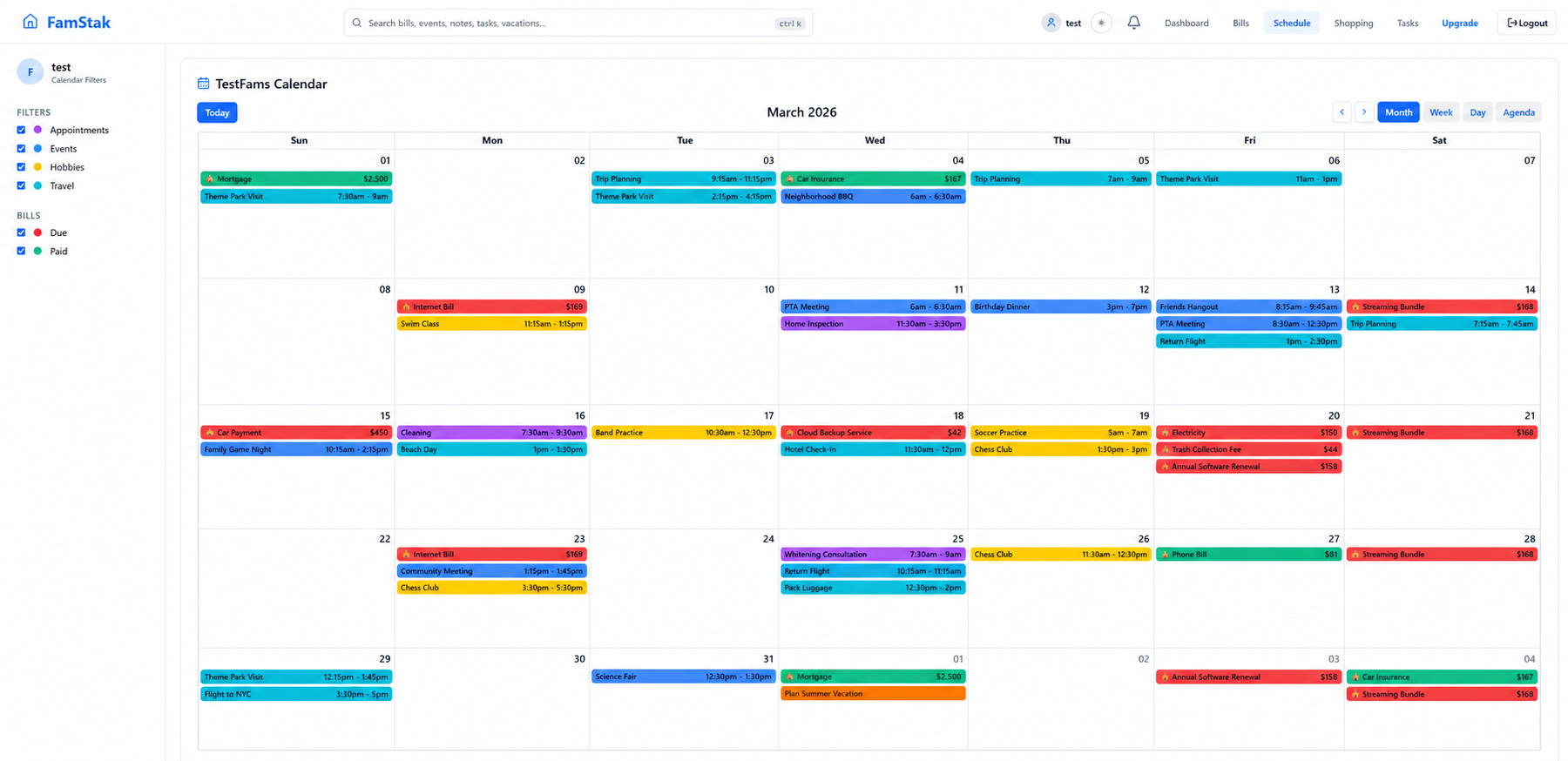 FamStak family schedule with events, bills, tasks, and trips in a monthly calendar