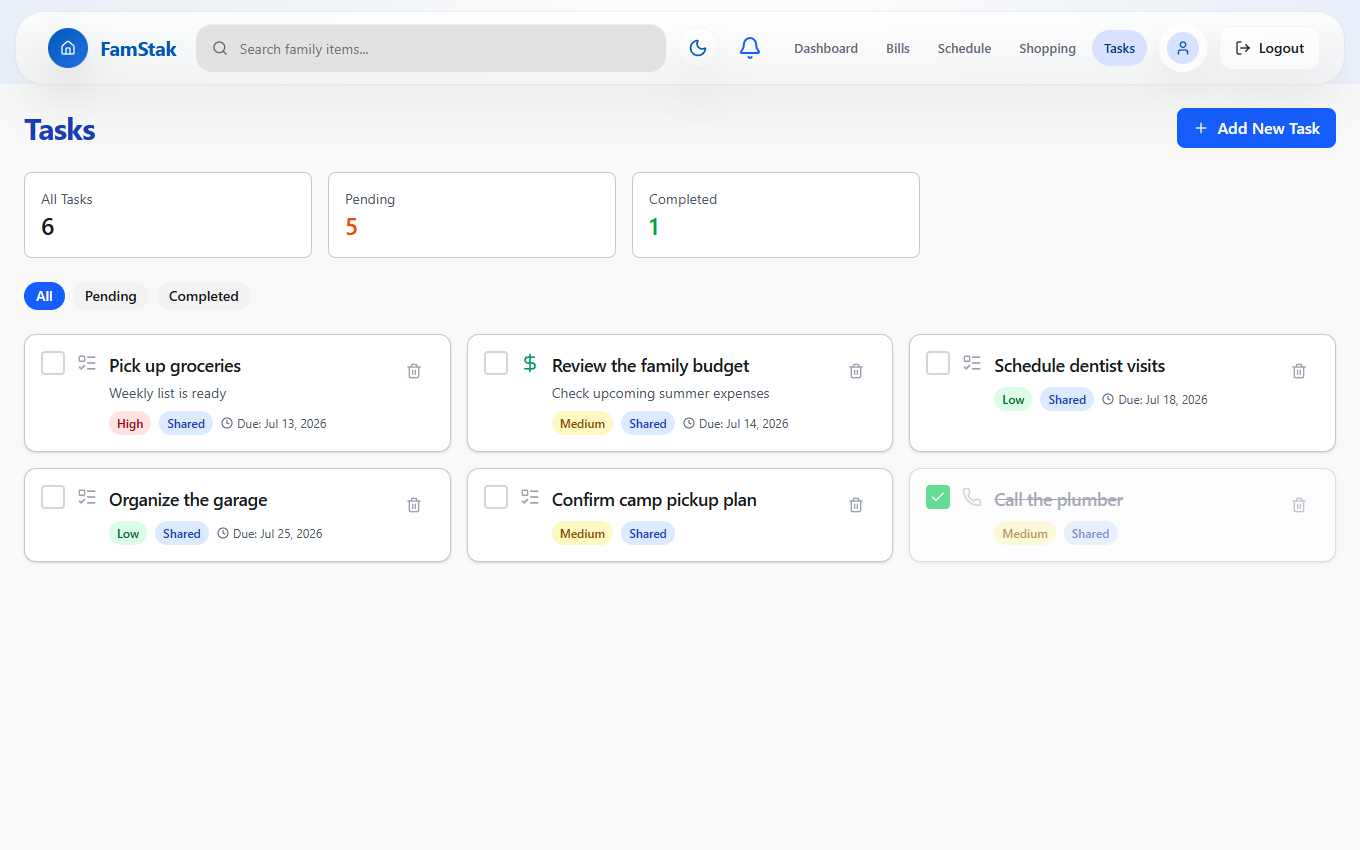 FamStak household task list with priority and completion status