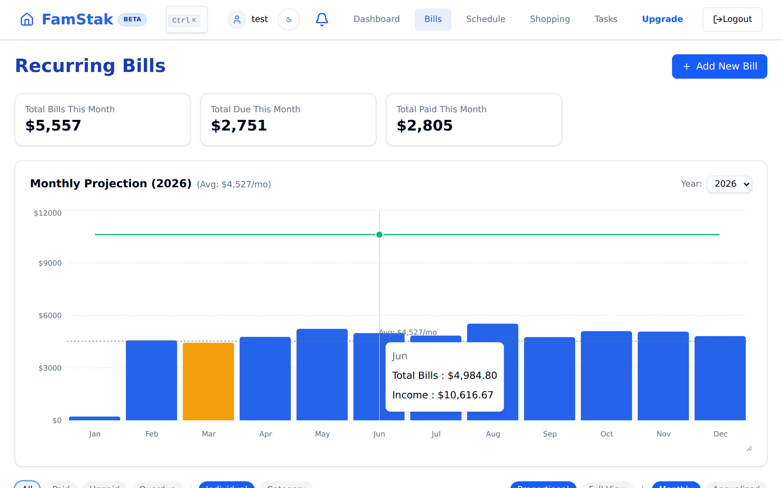 FamStak bills experience on desktop and mobile