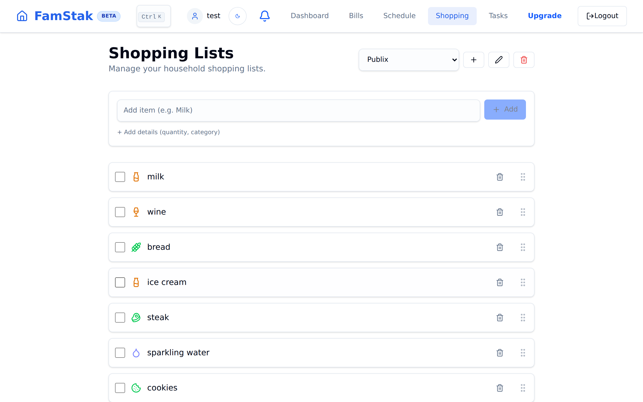 FamStak shopping list experience on desktop and mobile
