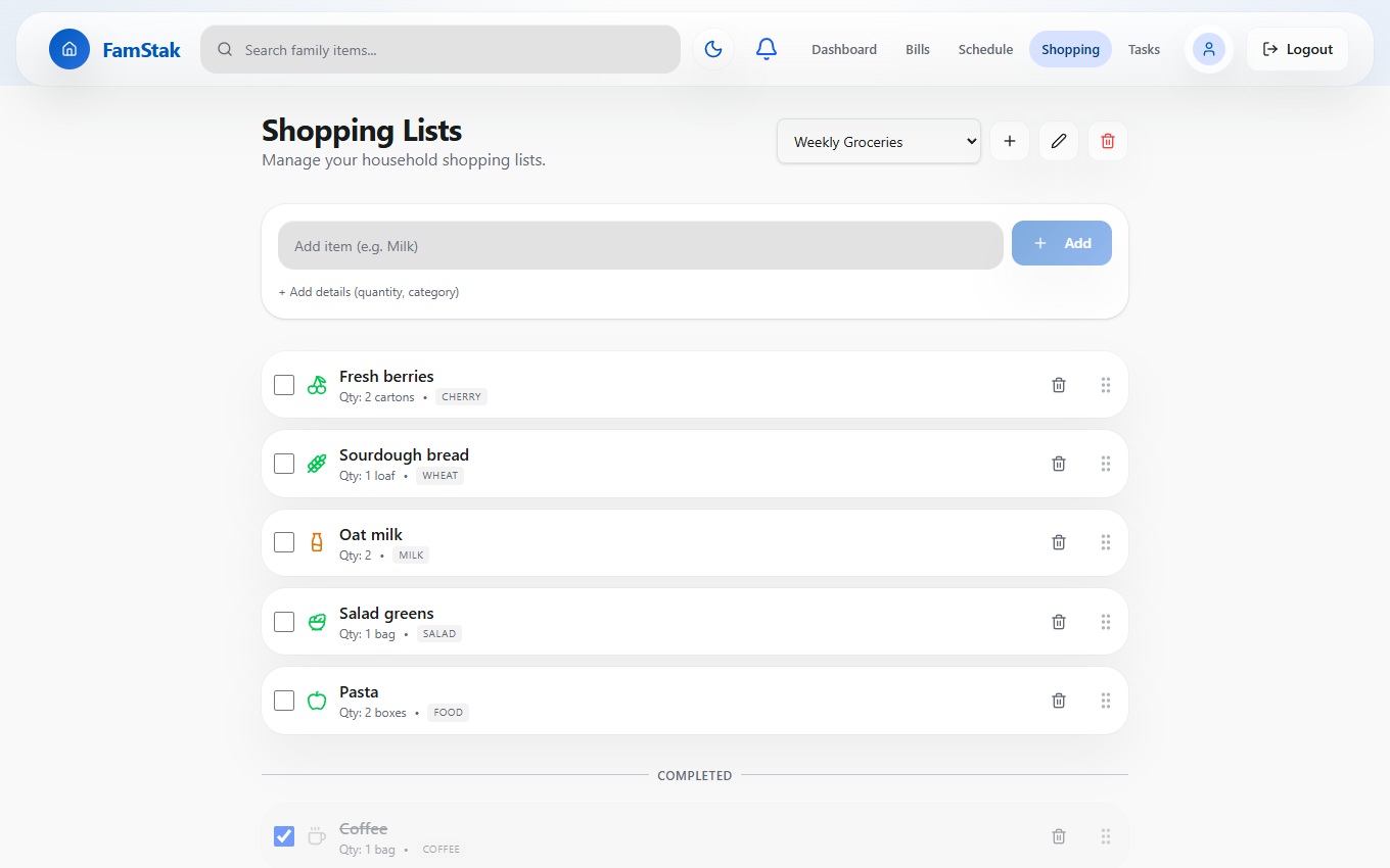 FamStak shopping list with grocery icons and item controls