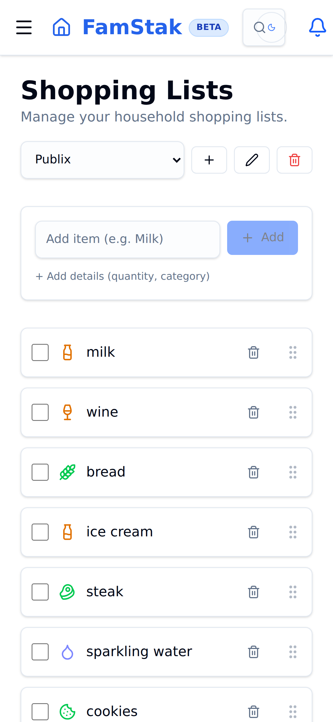 FamStak shopping list experience on desktop and mobile mobile view