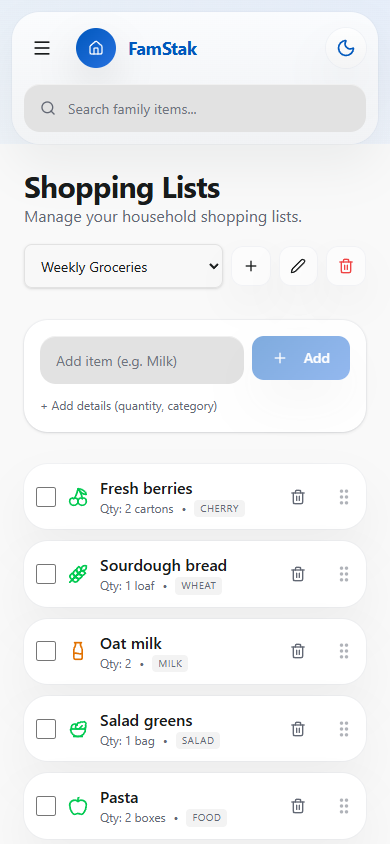 FamStak shopping list experience on desktop and mobile mobile view