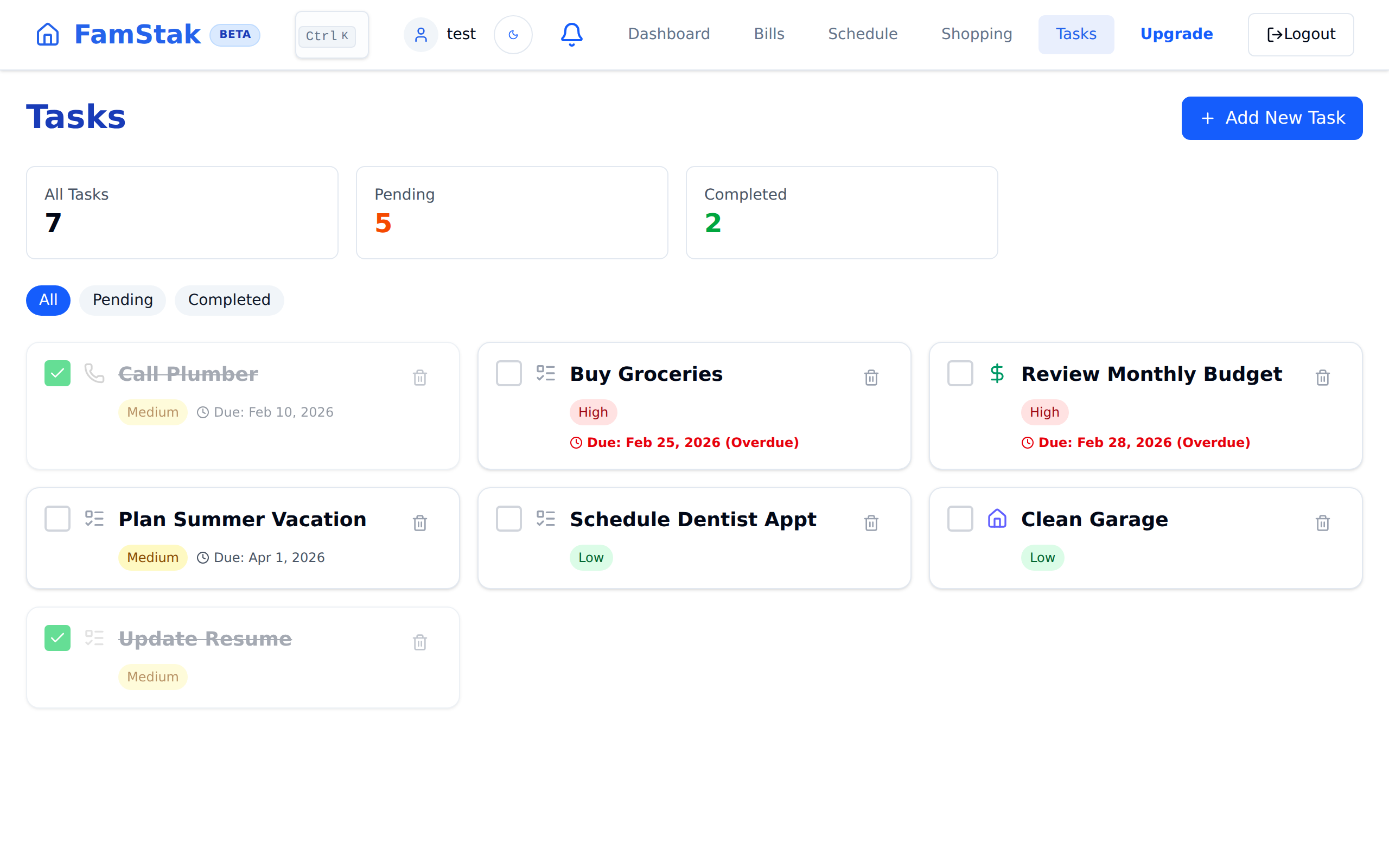 FamStak tasks experience on desktop and mobile