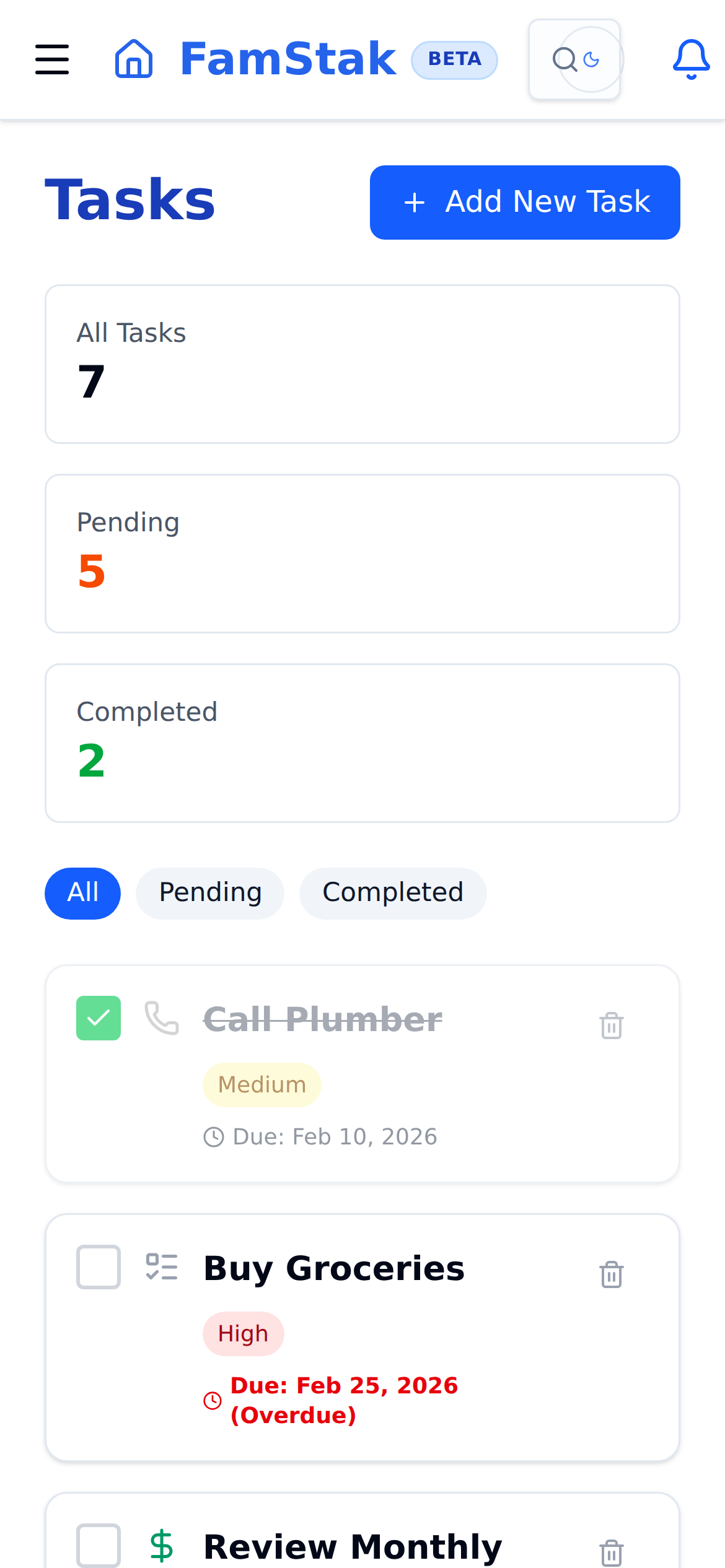 FamStak tasks experience on desktop and mobile mobile view