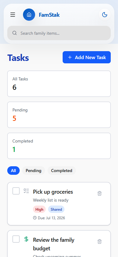 FamStak tasks experience on desktop and mobile mobile view